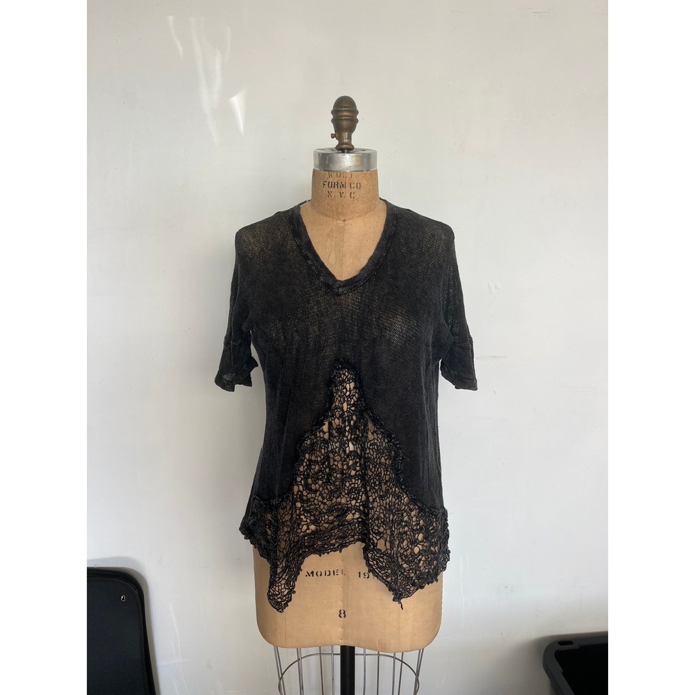 XCVI Women Charcoal Grey Cotton Knit V-Neck Top Crochet Lace Hem XS NWT 11727